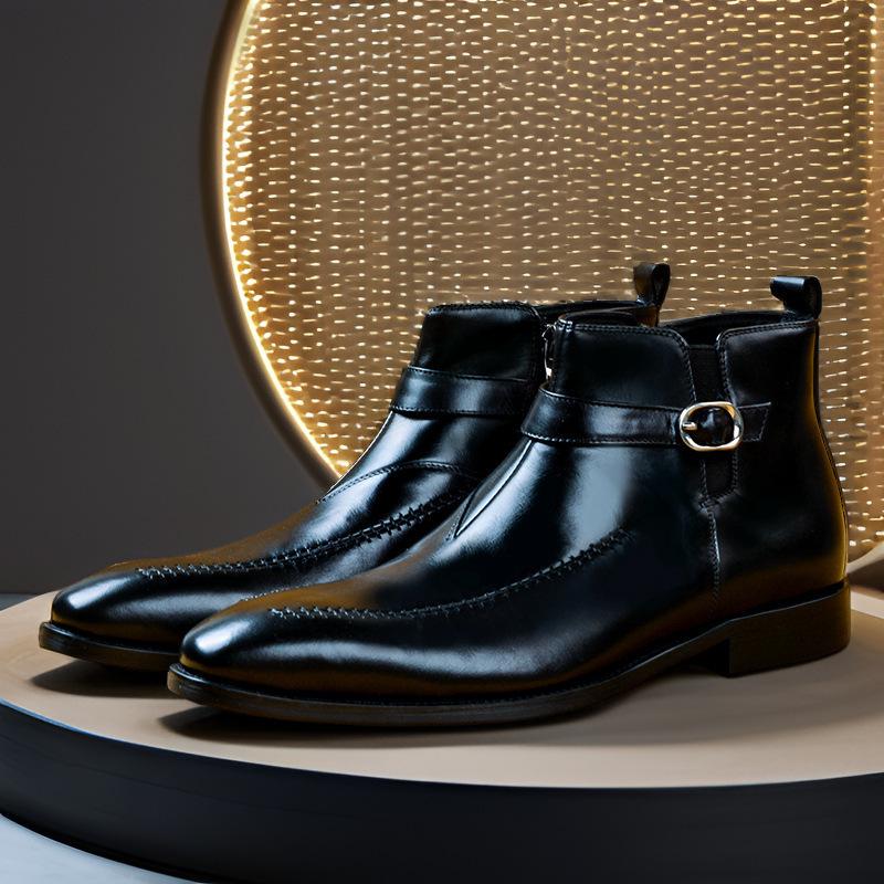 Модные мужские роскошные ботинки челси из натуральной кожи, высотой до щиколотки, высокого качества, на резинке, с ремешком с пряжкой, с отрезным носком, черные базовые ботинки, ботильоны, мужские