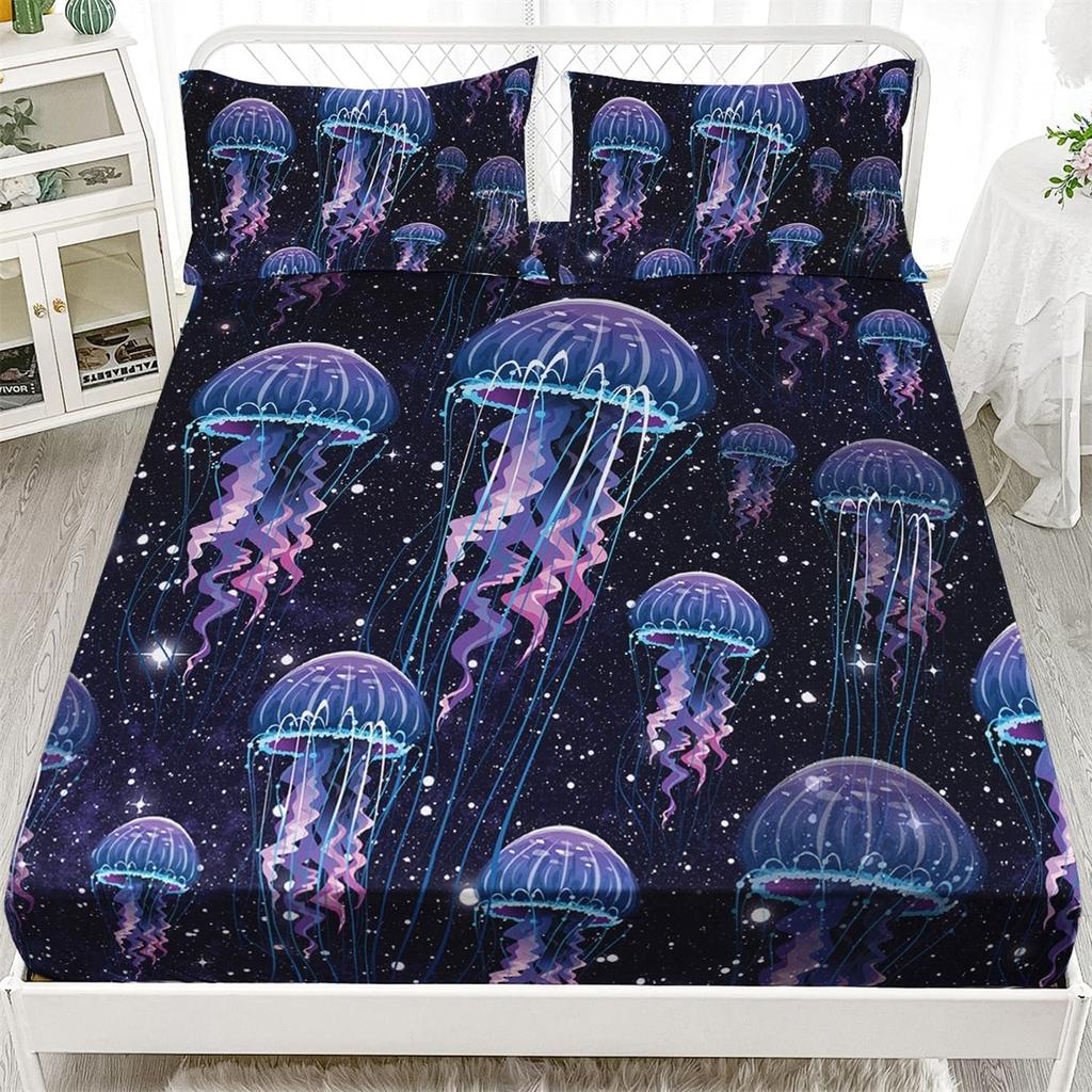 Комплект простыней на резинке «Медуза», Постельное белье с морскими обитателями 2 предмета для детей, мальчиков, девочек, Покрывало и наволочка «Подводный мир» 50x75 см