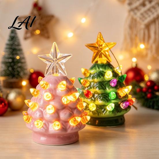 Cozy Christmas Party Supplies Tree Ornament Glowing Retro Resin Tabletop Decor with Star Festive Figurines Topper Vintage Xmas Trees Night Light for