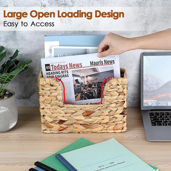 Handwoven Water Hyacinth Basket Wall Magazine Organizer for Book File Newspaper Rustic Wicker Storage Bin with Single Handle for Entryway Bathroom