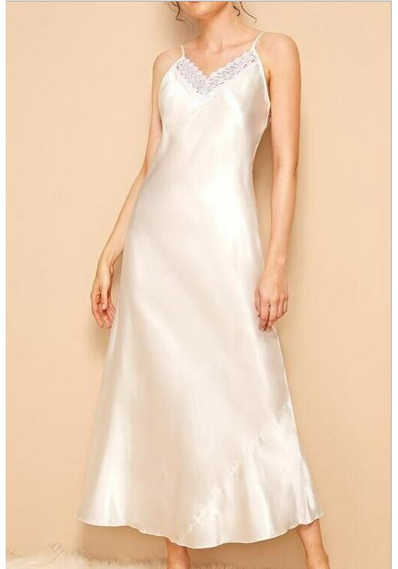 Women's Imitation Silk Lace Camisole Nightgown - Solid Color, Comfortable Long Loungewear, Lazy Style for Summer