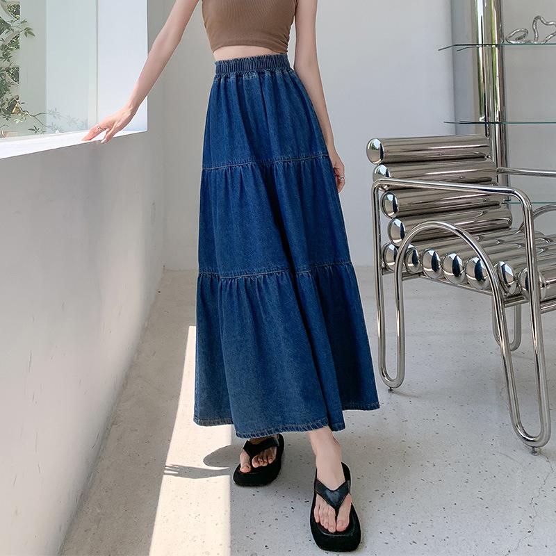 Cake Denim Skirt Women's Elastic High Waisted Solid Color A-line Skirt Commuting Harajuku Style 2025 Spring New Fashion