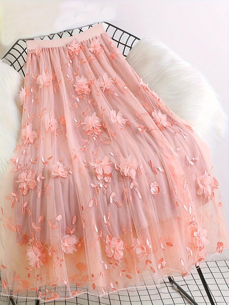 Сетчатая юбка с цветочной аппликацией, повседневная юбка с эластичной резинкой на талии, женская одежда