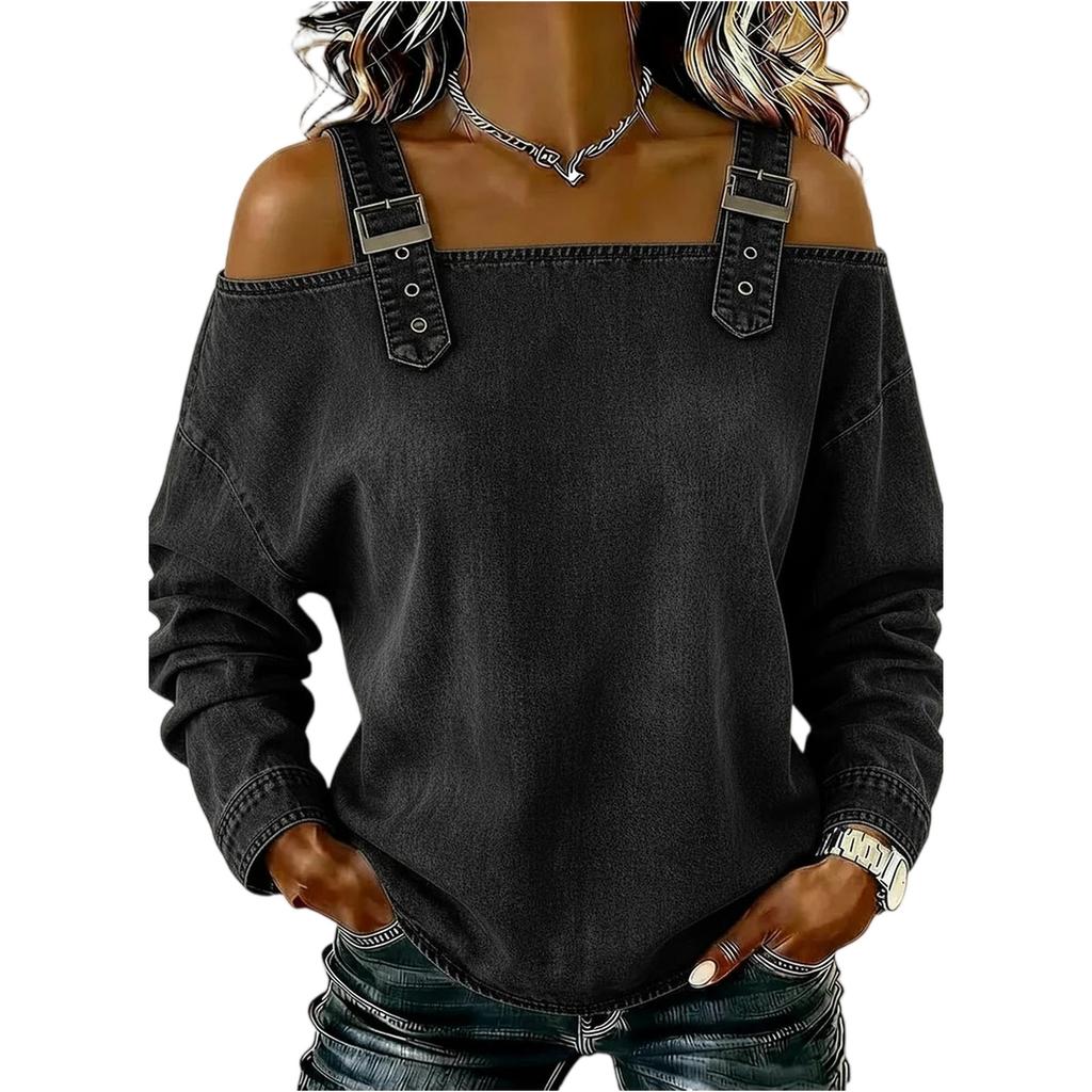 Женский элегантный и универсальный топ с открытыми плечами, длинными рукавами и бретелями.