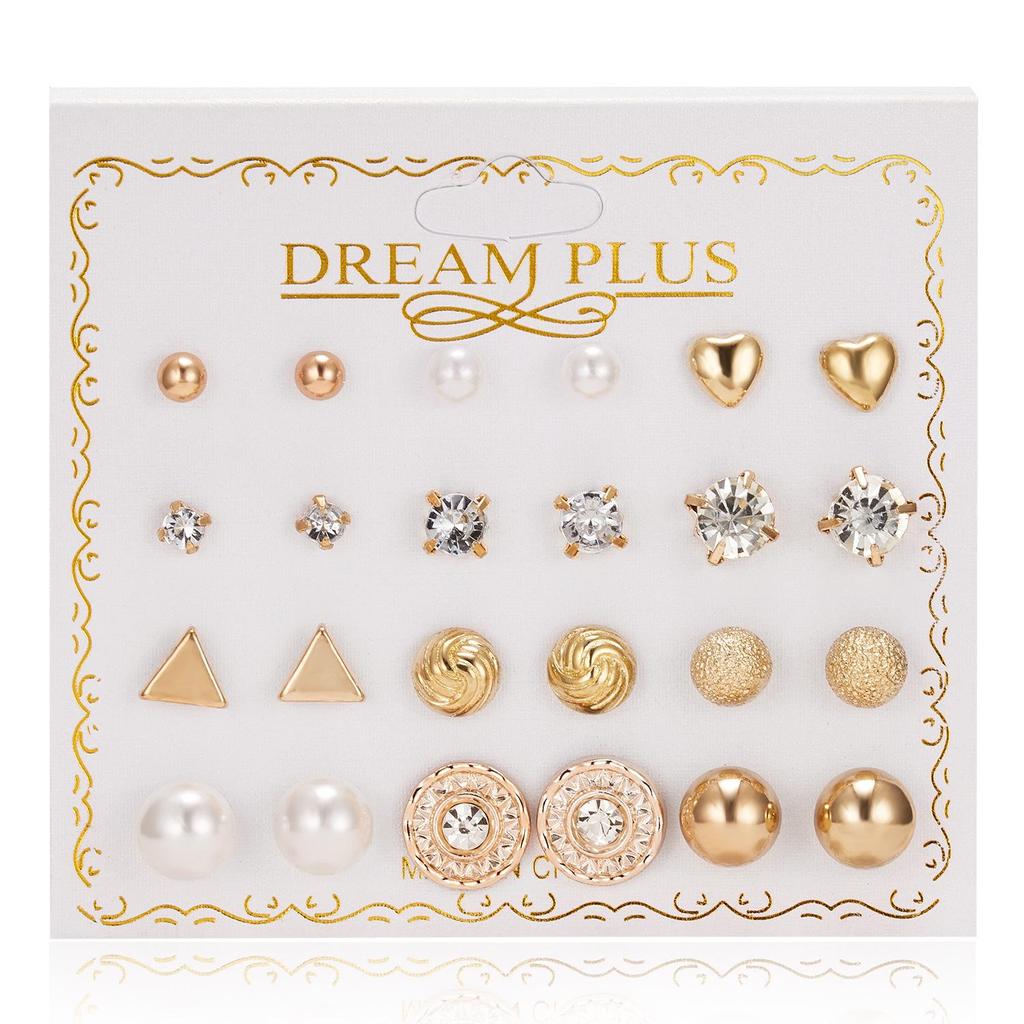 12 Pairs of Zircon Stud Earrings: Pearl, Flower & Bow Designs