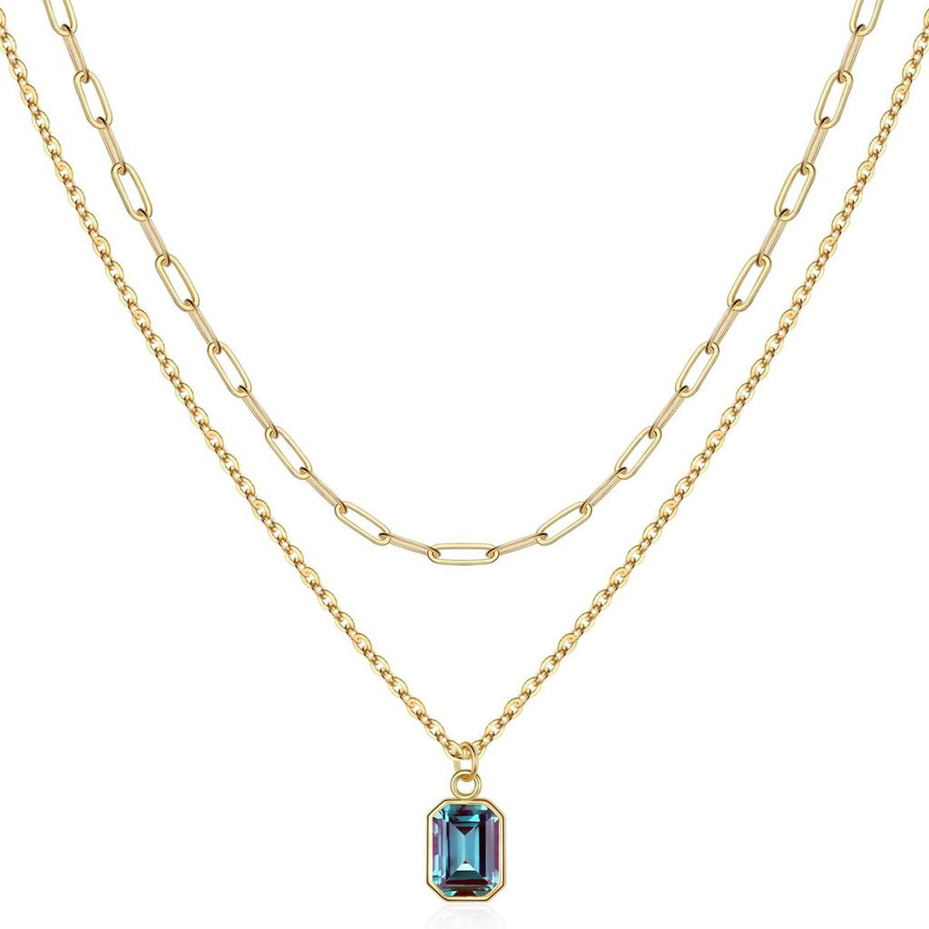 Elegant Double Layer Necklace Featuring December Birthstone And 18k Gold Plating Rectangular Design Neckchain For Women