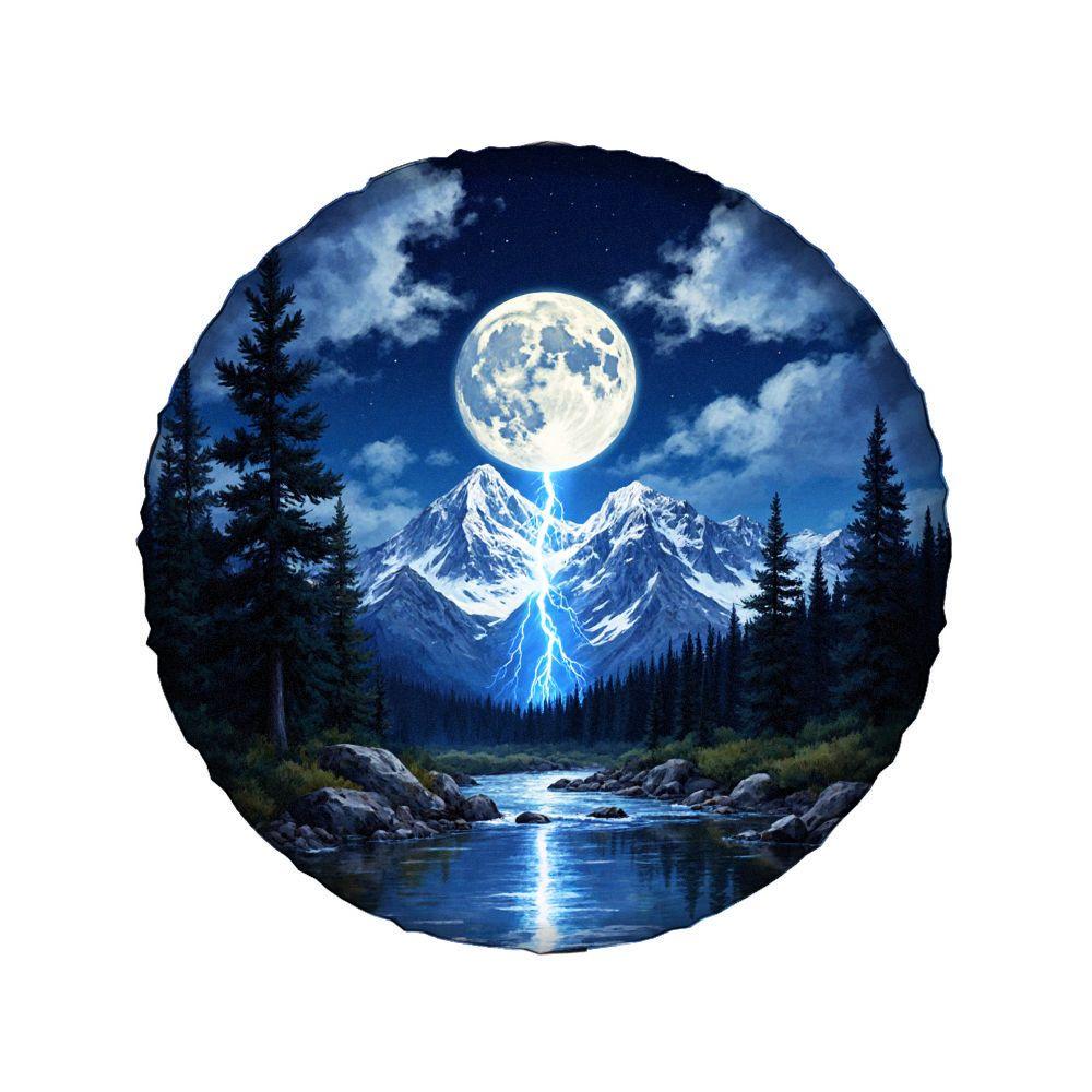 Tire Cover With A Print Of A Snowy Mountain Scene Under The Moonlight, Featuring An Elastic Hem For Decoration. Suitable For Rvs