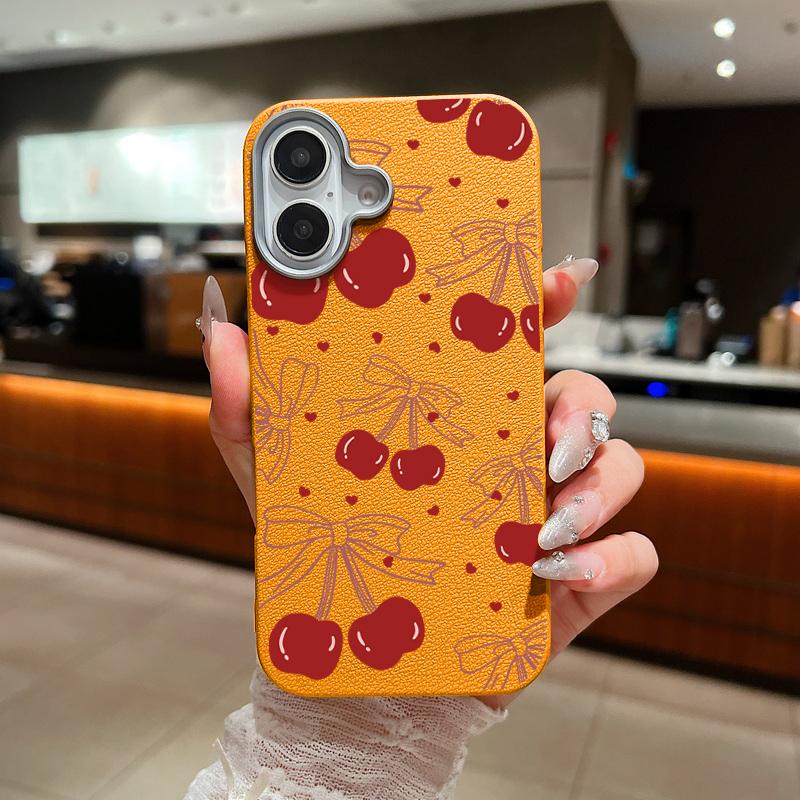 Матовый тонкий чехол для телефона с принтом вишневого банта для iPhone 16 Pro Max 15 Plus 14 Pro 13 12 11 TPU кожаная текстура мягкий противоударный бампер