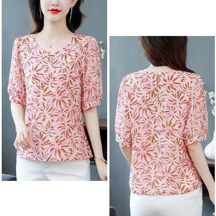 Новый летний топ с короткими рукавами и принтом, модная шифоновая рубашка для мамы, блузка с круглым воротником, M-5XL