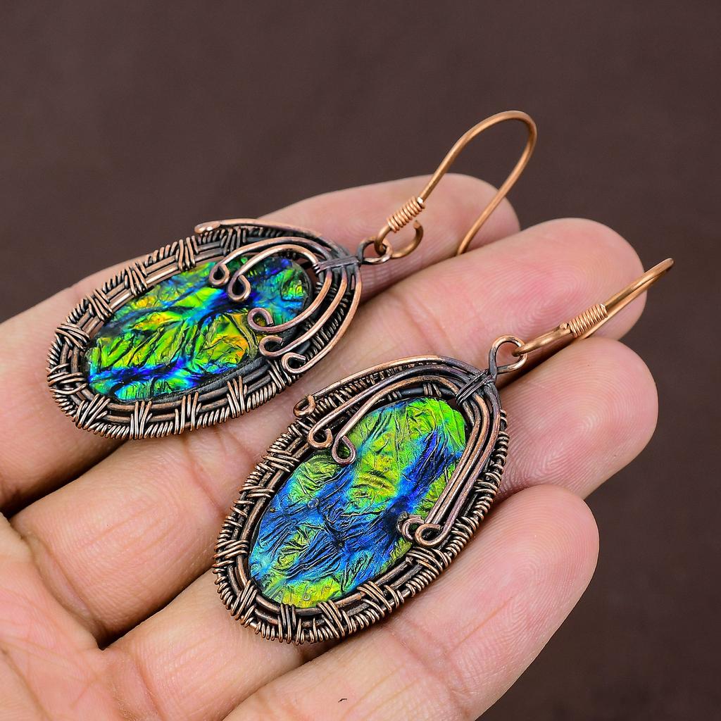 Natural Abalone Shell Gemstone Handmade Copper Wire Wrap Earring 2.64 k0U75