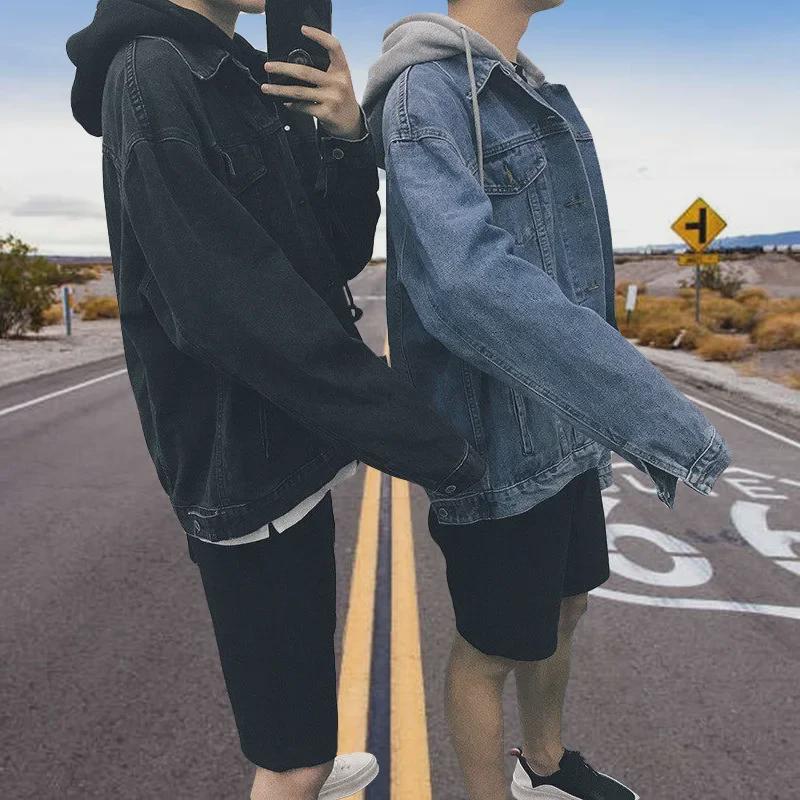 Мужская модная куртка из денима в корейском стиле с капюшоном - поддельный двухкомпонентный осенний топ