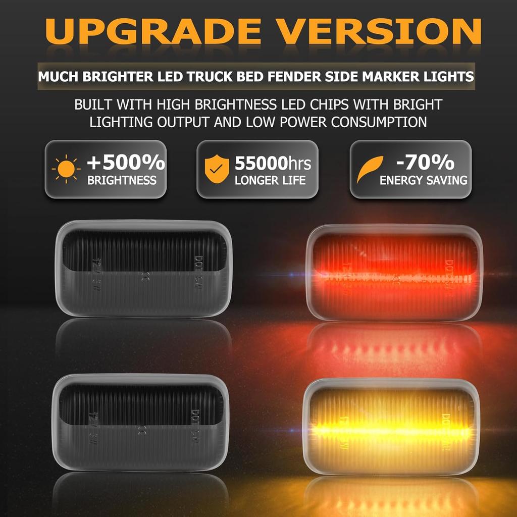 Gempro LED Dually Fender Side Marker Lights For 2015- Chevy Silverado GMC Sierra 2500 3500 Amber Red Dual Rear Wheel Bed Marker Lamps, Smoked Len