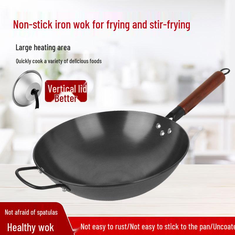 Чугунный вок с круглым дном Jiuhuang с антипригарным покрытием - Без покрытия, Защищен от ржавчины, Не требует приправ