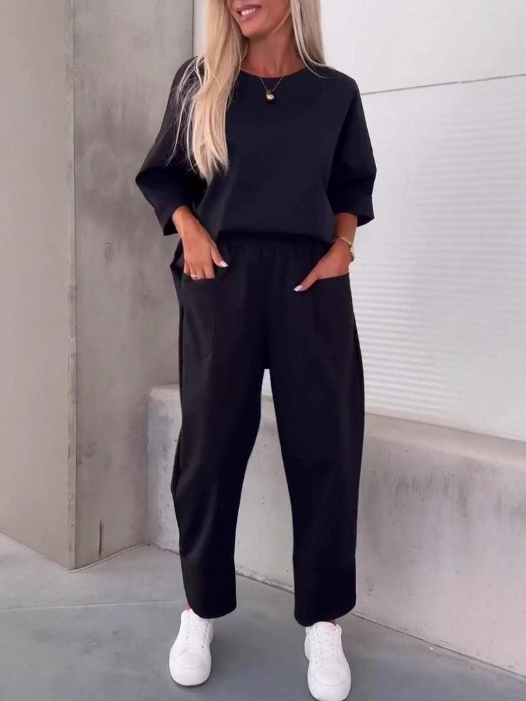 Женский осенний комплект из двух предметов, Европа и Америка, 2025: Повседневный свободный однотонный топ с круглым вырезом и укороченные брюки