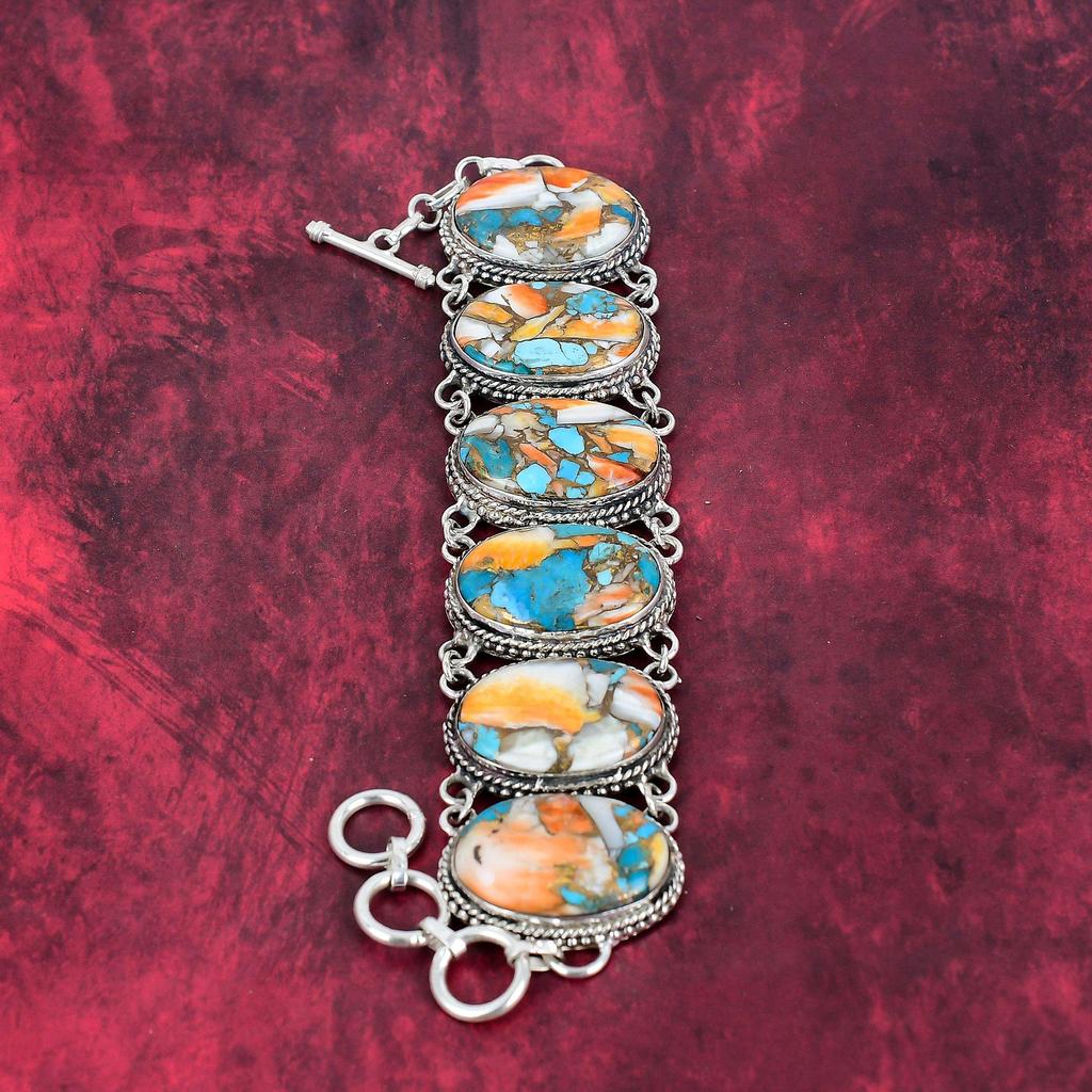 Оранжевая колючая устрица Ювелирный браслет ручной работы из драгоценных камней, браслет из стерлингового серебра 925 пробы, регулируемый браслет-цепочка Натуральные украшения Подарок на годовщину