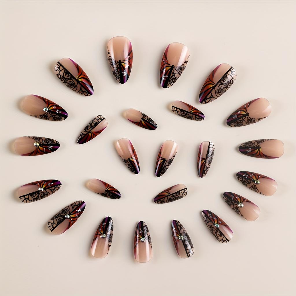 24 шт. глянцевых длинных накладных ногтей-стилетов, французский типс пресс на ногтях с винтажным дизайном роз, накладные ногти со стразами для женщин и девочек