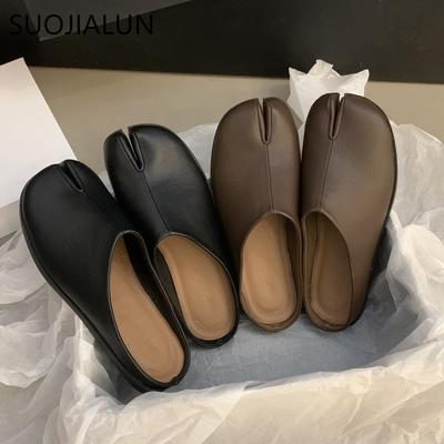 Модные женские шлепанцы SUOJIALUN 2024 на осень, с плоским каблуком, модные шлепанцы с раздельным пальцем, женские мюли, повседневная уличная обувь с мягким каблуком