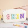 Women Girls Travel Corduroy Chenille Letters Patch Skincare Face Hair Stuff Makeup Cosmetic Bag for Daily Use