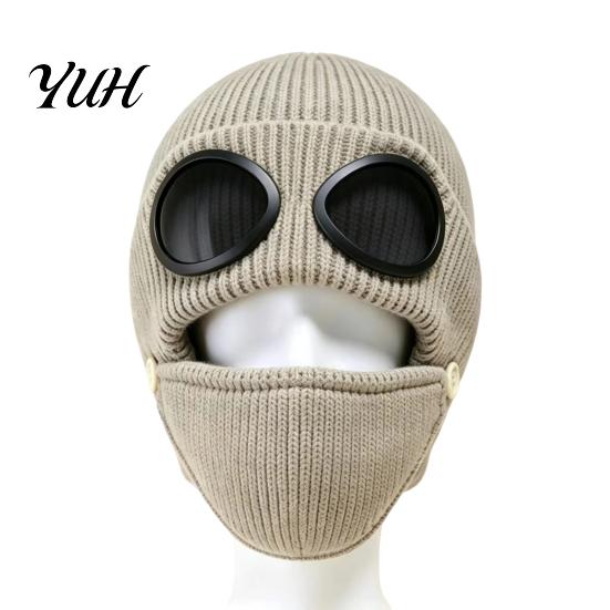 Retro Pilot Style Warm Cap Winter Knit Hat with Goggles, Unisex Ski Detachable Cold Weather Cycling Headgear Face Guard, Windproof Skull for