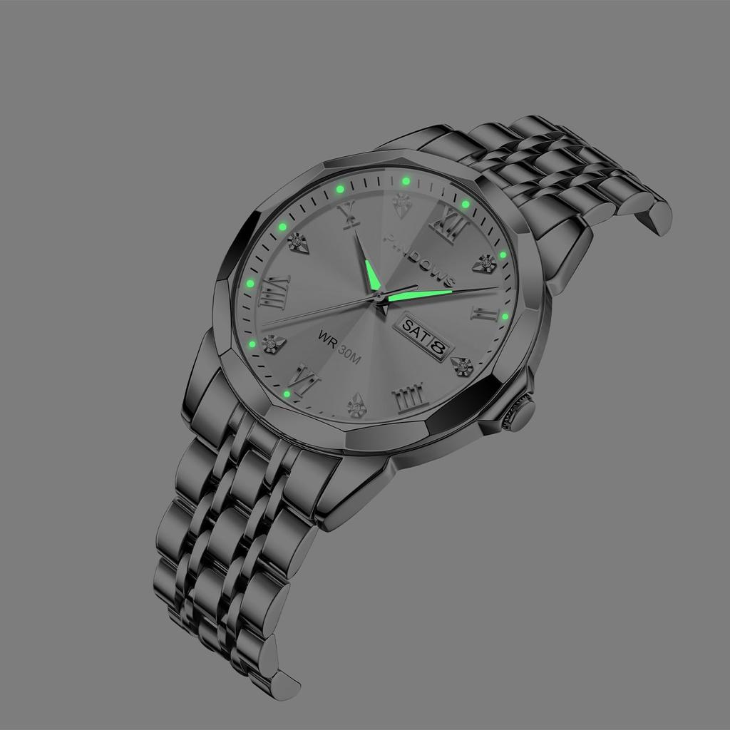 PINDOWS Diamond Business Dress Analog Quartz Luxury Waterproof Luminous Date Stainless Steel Classic Fashion Watch Men's Watch, Display, Two-Tone