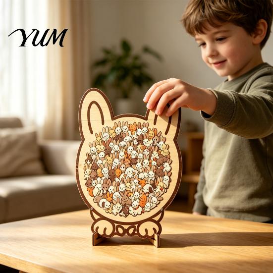 Animal Art Puzzle Wooden Jigsaw Puzzle, Pig Rabbit Theme Difficult Educational Game Challenge Game, Kids Adults Toy for Desk Decoration Children