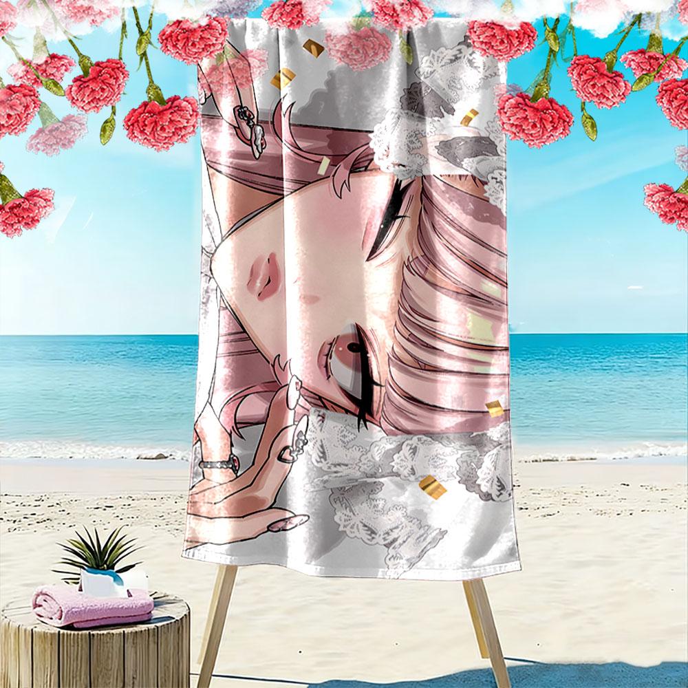 Anime Girl with Lace Design Beach Towel Quick-drying for Travel Outdoor Sports Jogging Beach and Swimming