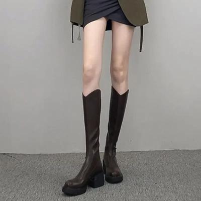 Модные коричневые длинные сапоги для женщин на платформе, сапоги до колена, женская обувь, горячая новинка зимы 2024, качественные, рабочие, удобные и элегантные, из полиуретана