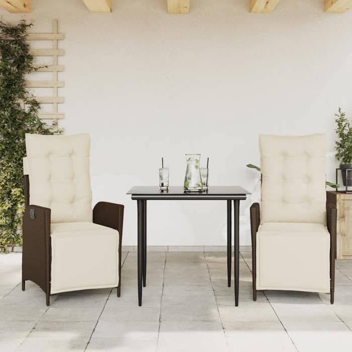 VidaXL Ensemble à Manger de Jardin avec Coussins 3 pcs, Table et Chaises avec Dossier Réglable, Meubles d'Extérieur, 3213406
