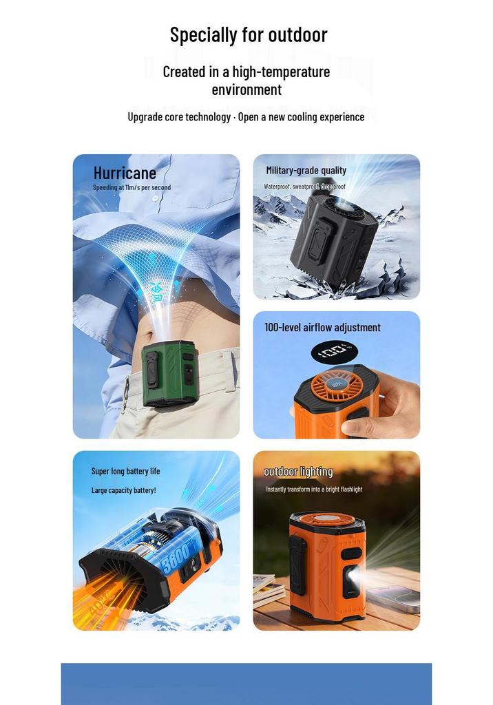 Portable Waist-Hanging Fan with Flashlight & SOS - Outdoor Construction Cooling Tool with Stand