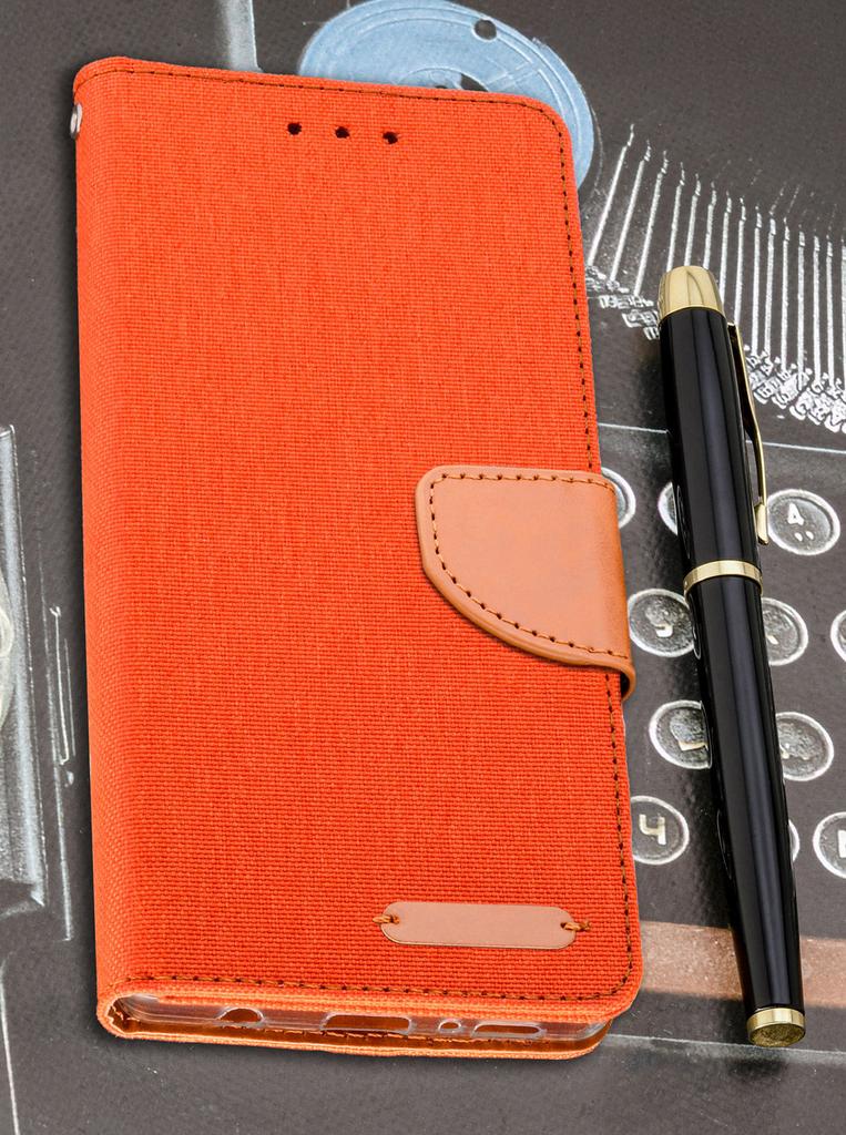 Etui Typu Portfel Do Motorola Moto G56 - Pomarańczowy Pokrowiec Canvas + Szkło