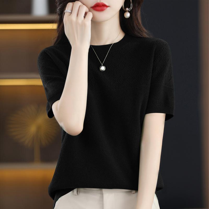 Spring Women's T-shirt Round Neck Knitted T-shirt Solid Colour Hollow Out Tops Knitwear