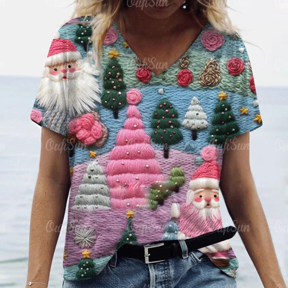 Новая рождественская женская футболка с 3D принтом Санта-Клауса, футболки с короткими рукавами и v-образным вырезом, уличная одежда большого размера, женский пуловер в стиле Харадзюку, топы