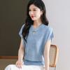 Футболка с короткими рукавами и воротником-стойкой в китайском стиле, женская, однотонная, жаккардовая, с вышивкой в стиле пэчворк, с ажурными пуговицами, тонкие топы