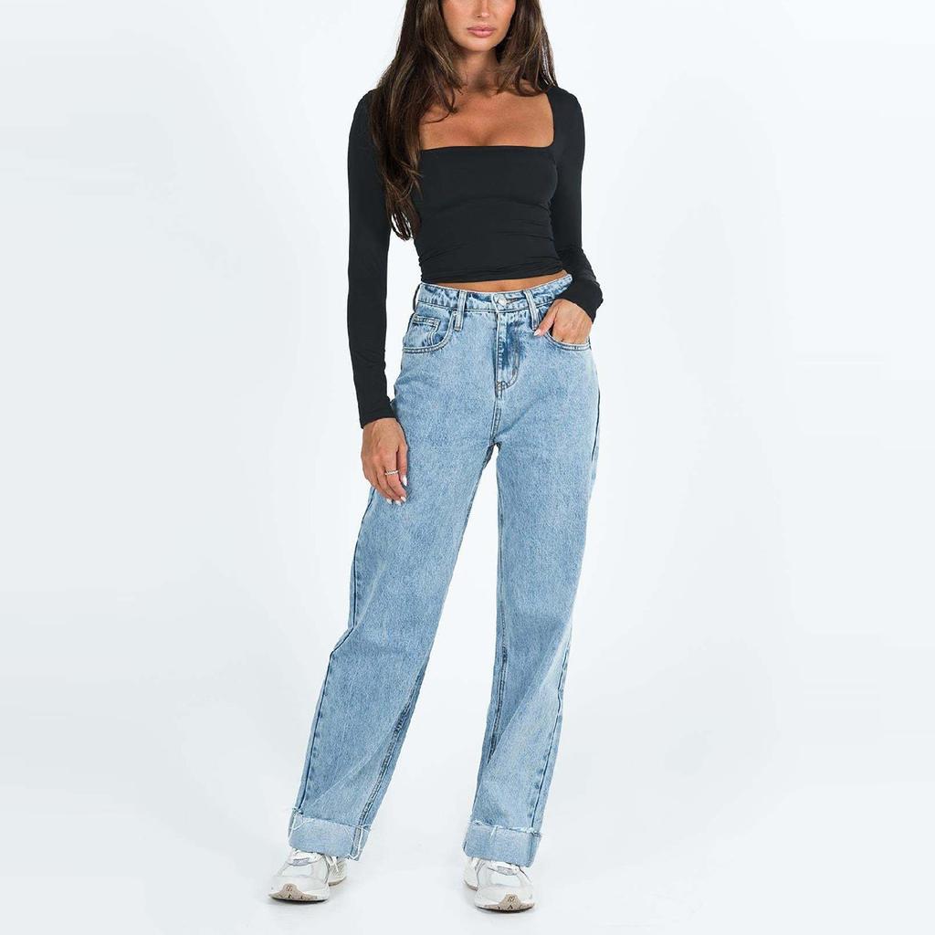 Женская мода с длинным рукавом сплошной цвет Тонкая рубашка с квадратным вырезом Футболка Топ