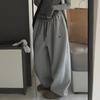 Women's Gray High-Waist Wide-Leg Sweatpants - Pure Cotton, Plus Velvet, Autumn/Winter Casual Sports Drawstring Pants.