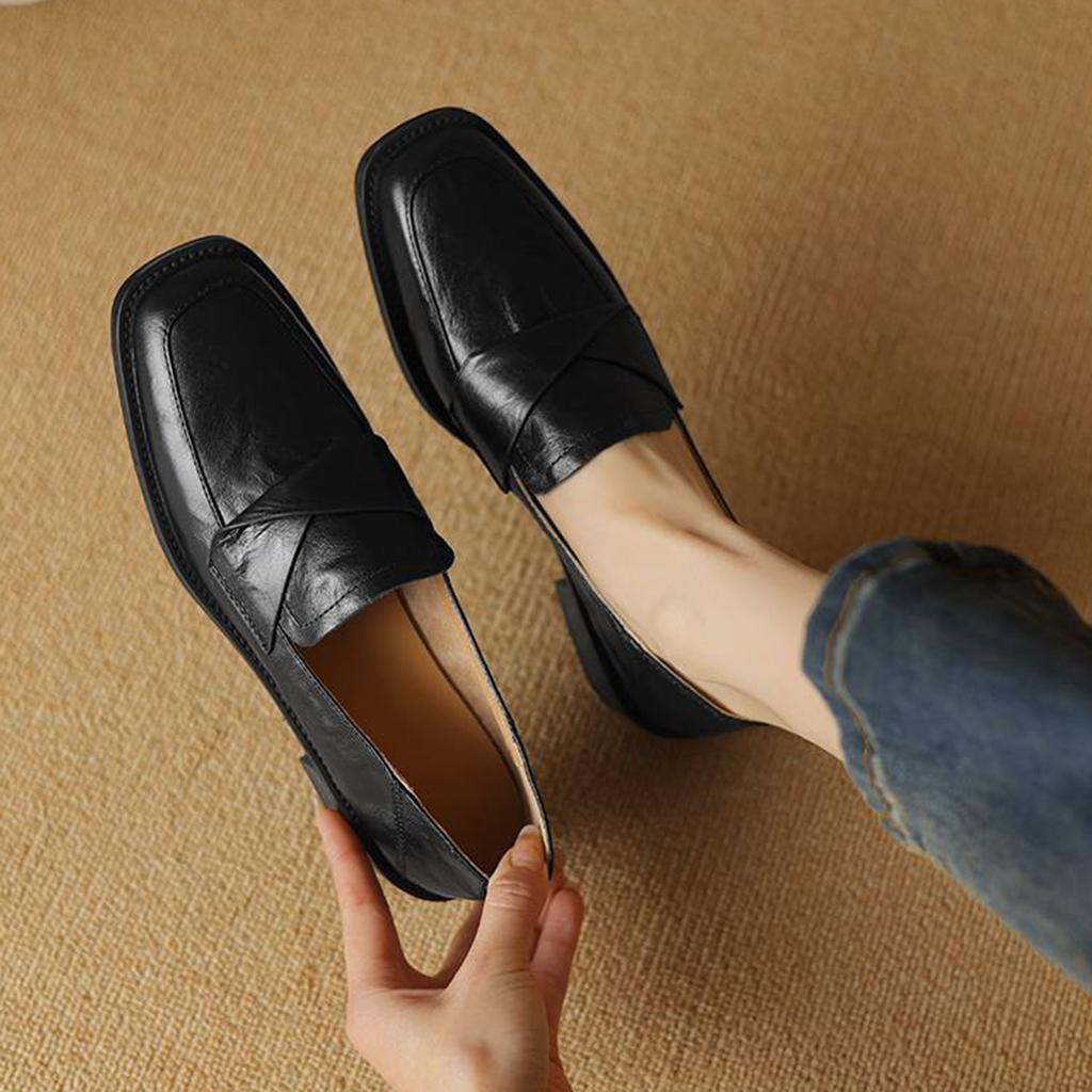 Krazing Pot Cow Leather Square Toe Thick Med Heels Spring Shoes Loafers Oxford Shoes Daily Wear Women Pumps