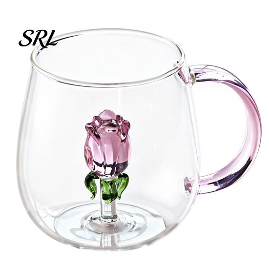 Glassware for Romantic Dates Red Wine Glass with Roses And Green Leaves Decorated, Clear Rose Decorated Goblet Decorative Glass, Elegant Crystal