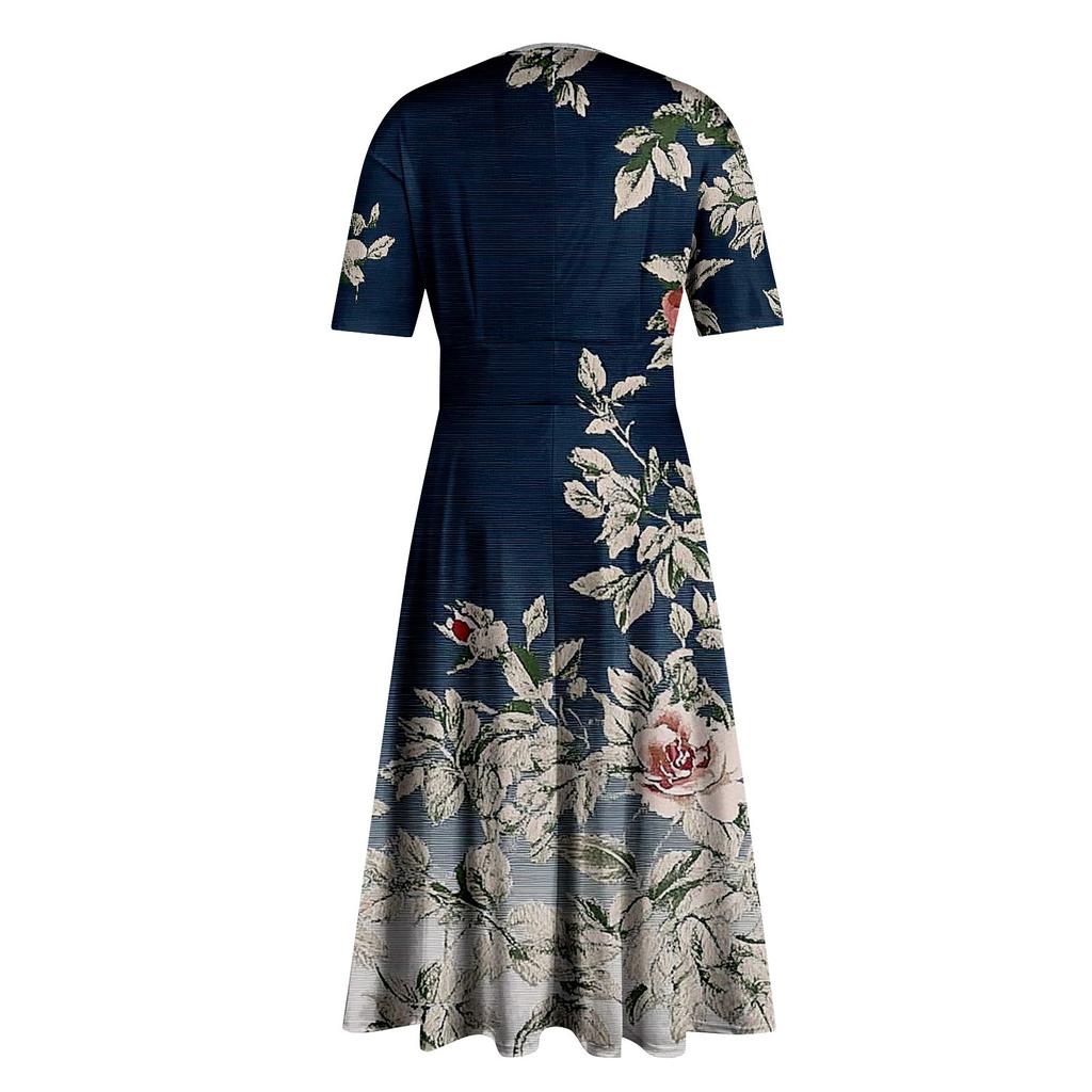 Женская повседневная мода Цветочный (лист)  Платье-халат с принтом, V-образным вырезом, короткими рукавами и длинной юбкой-халат