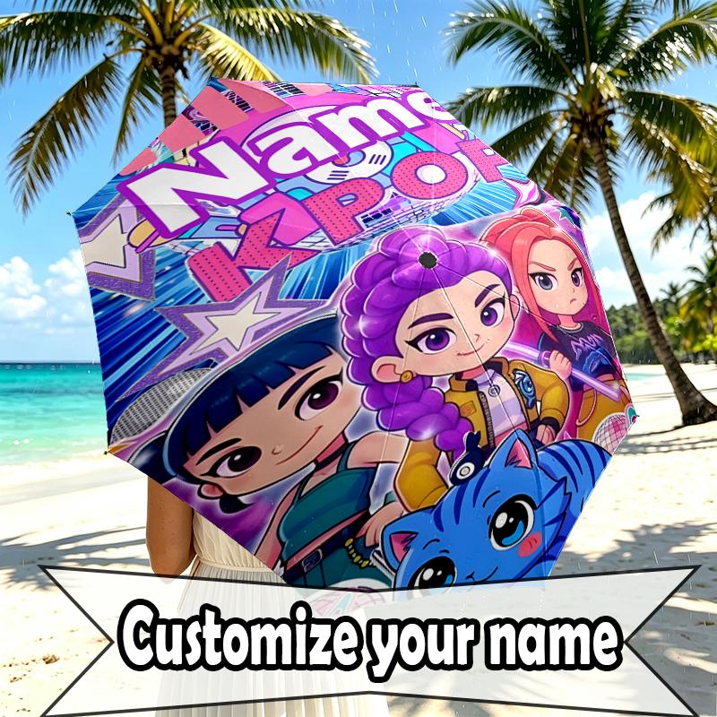 Custom Name Personalized KPop Demon Hunters Print Umbrella, Auto Open Close, 8‑Rib Sturdy Frame, Commute Camping Hiking Use, Birthday Gift