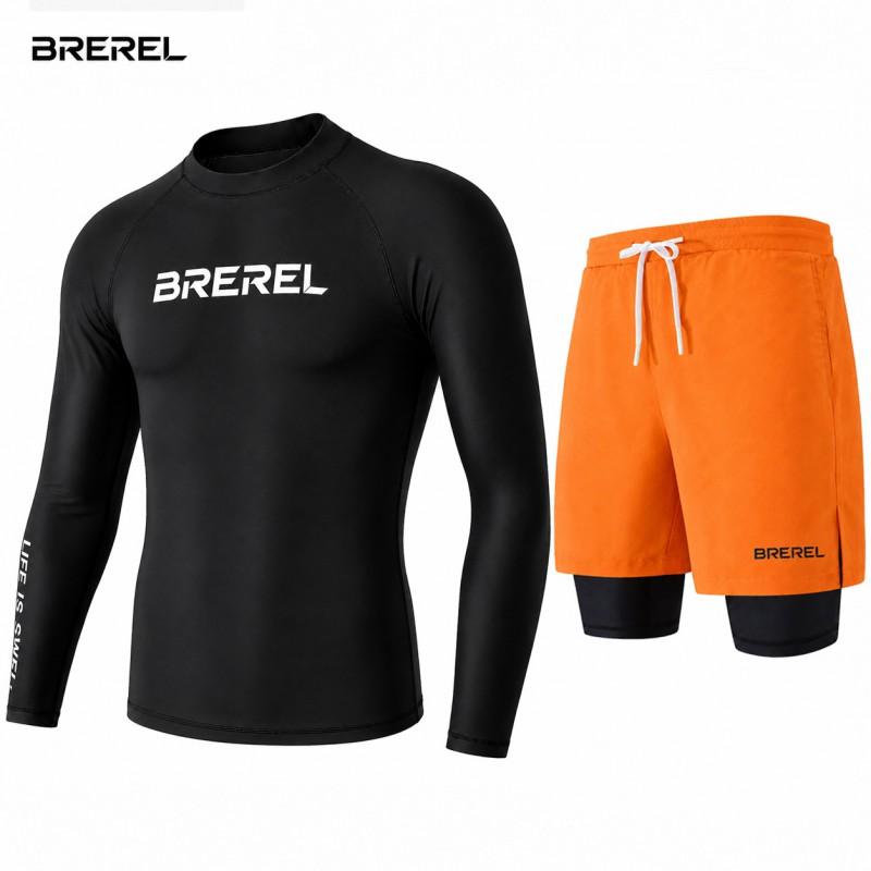 Mens UV Protection Rash Guard Set Long Sleeve Swim Shirt Quick-Dry Board Shorts Snorkeling Surfing Kayaking