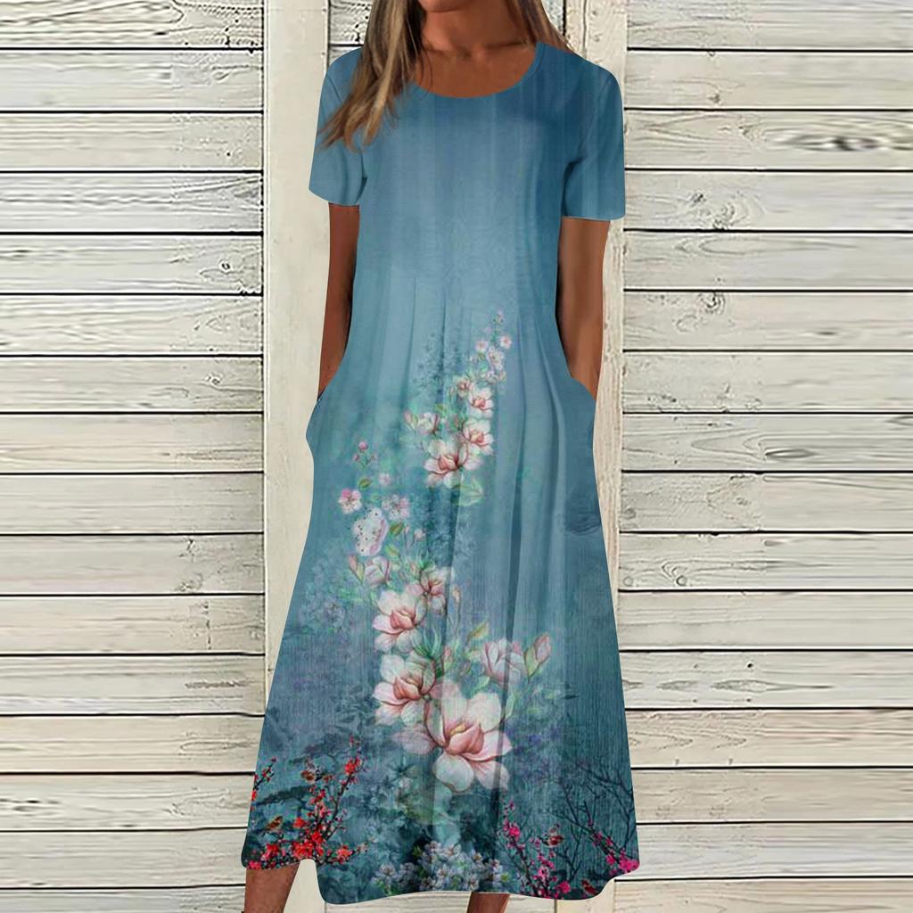 Женское летнее повседневное модное платье с коротким рукавом и карманом с круглым вырезом