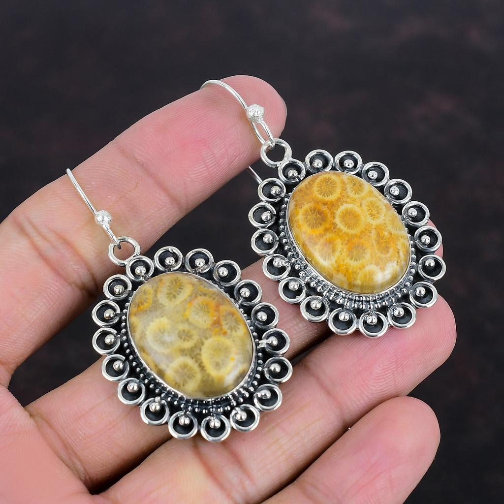 Fossil Coral Earring Handmade Drop Earrings Top Quality Gemstone Jewelry 925 Sterling Silver Earring Latest Design Jewelry Anniversary Gifts
