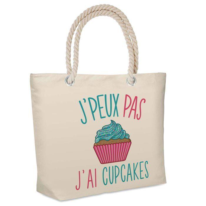 Sac de plage - PLANETEE - Cupcakes « J'peux pas » - Coton naturel - Imprimé en France - Grande contenance