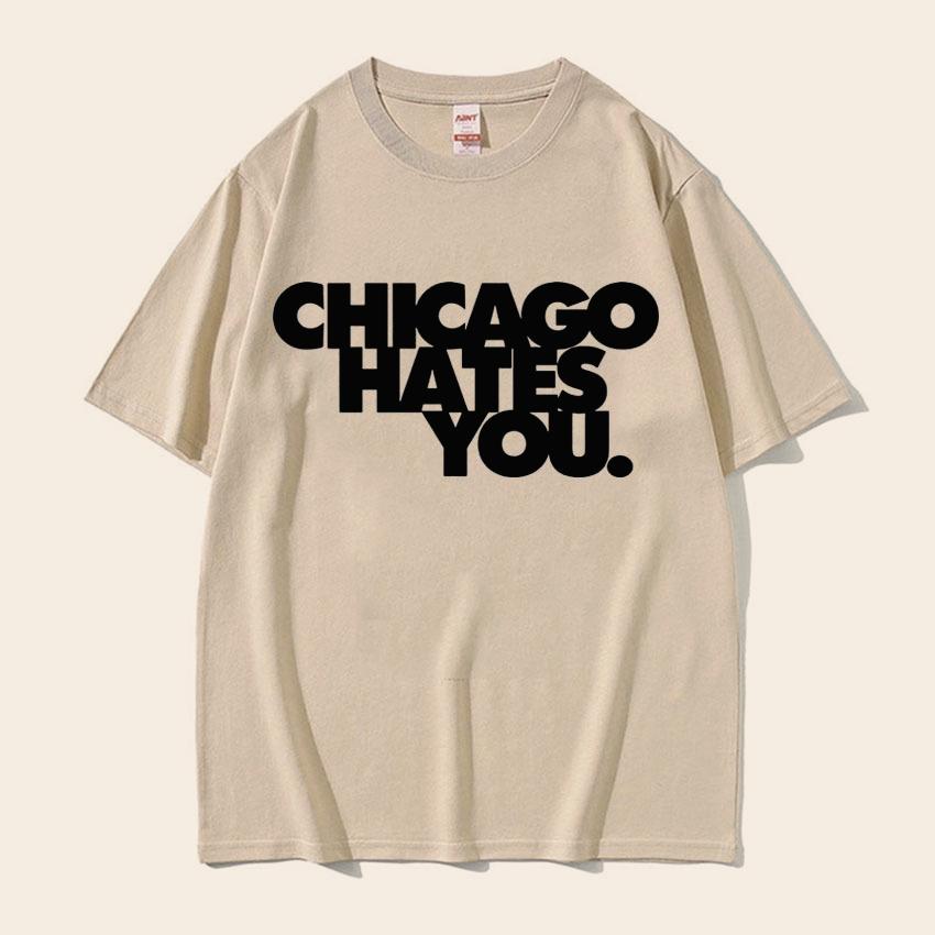 Unisexs Casual Tshirt With Chicago Hates You Letter Print Short Sleeve Crew Neck Cotton Tee