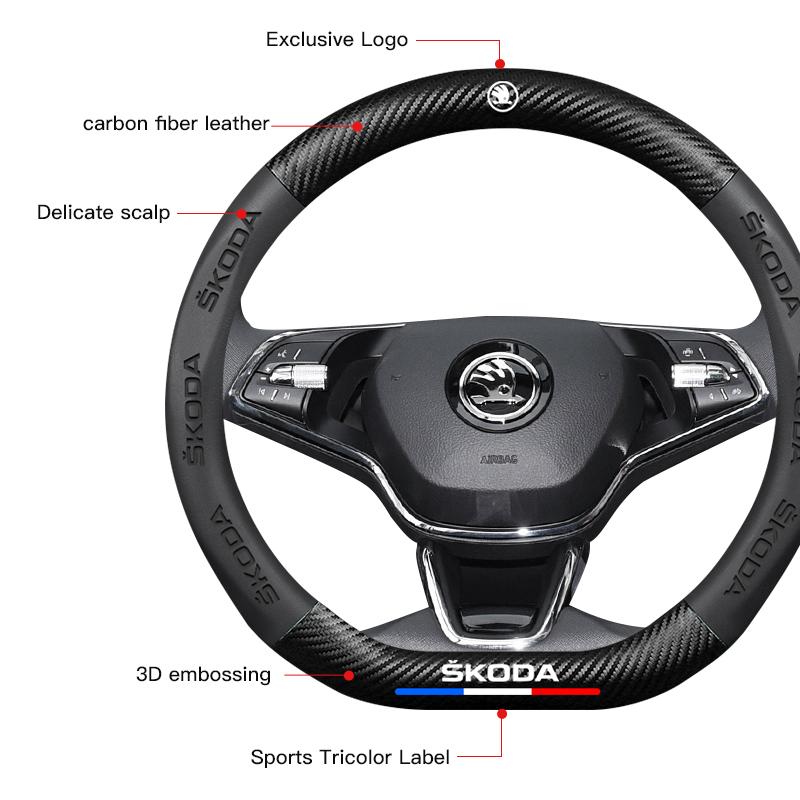 HIAQ2 Car Steering Wheel Cover Carbon Fiber Pattern Accessories For Skoda Superb Octavia Rapid Kodiaq Kamiq Fabia Enyaq iV Scala Karoq