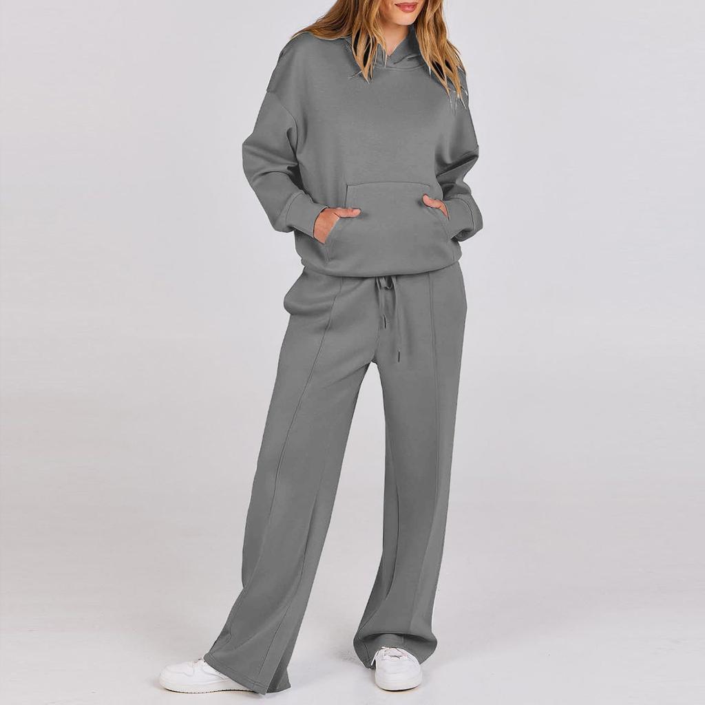 Women's Casual Solid Color Long-sleeved Hoodie Straight Pant Suit