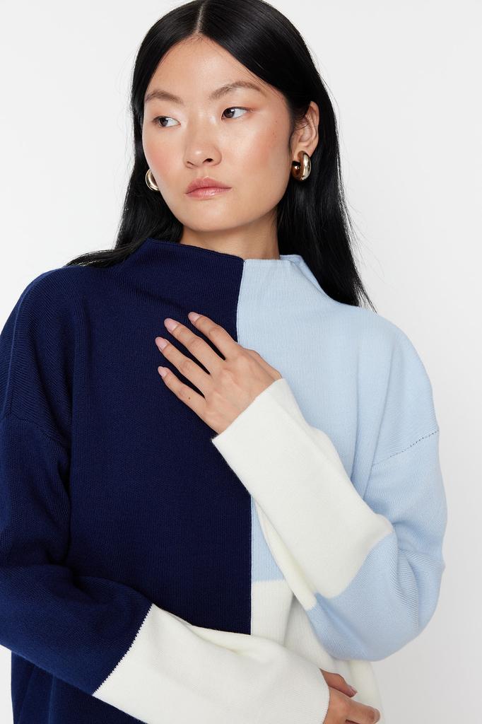 Women's Fashion New Hijab Sweater Stone Color Block High Collar Knitwear Sweater