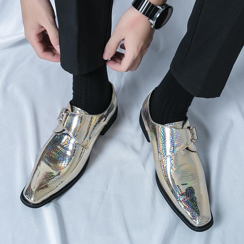 Men Glossy Leather Shoes Outdoor Platform Oxfords Thick Tottom Male Shoes Gold Casual Mens Pointed Toe Club Party Shoes Men