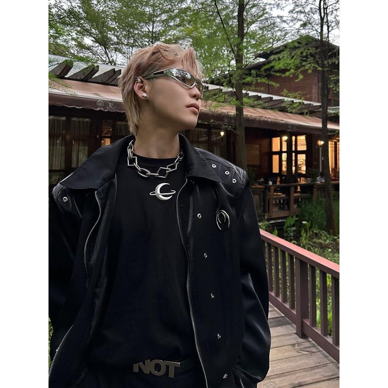 Unisex High-End Liquid Metal Star Design Short Jacket with Lapel and Drop Shoulders