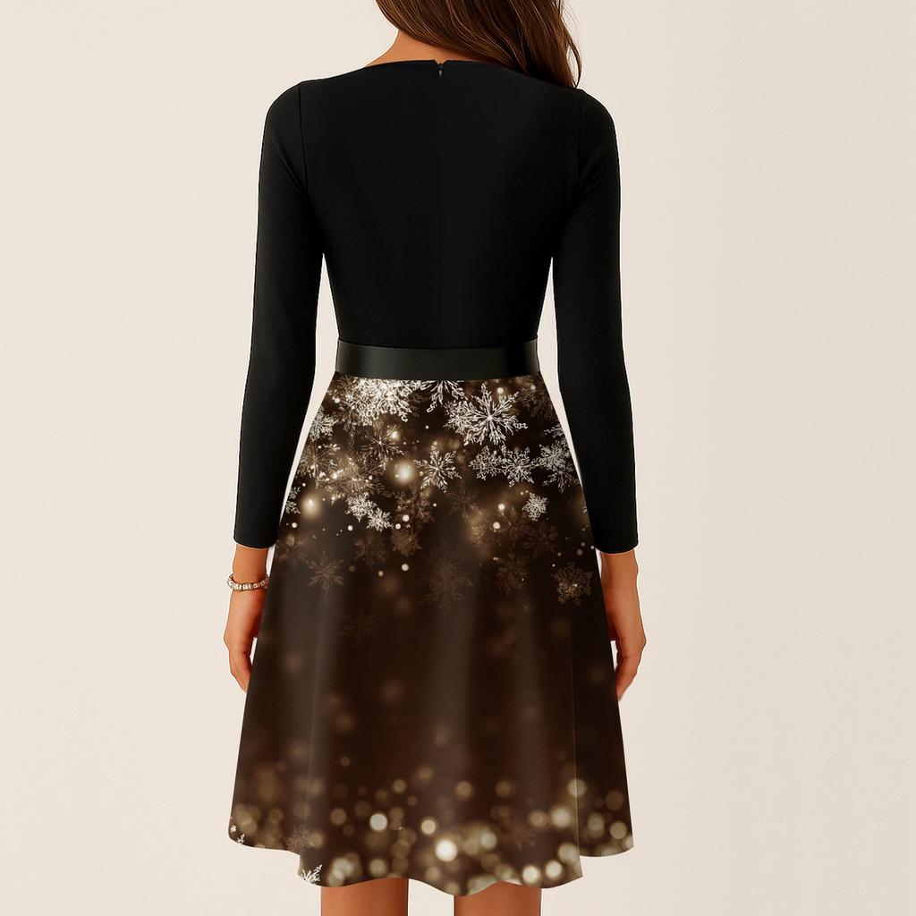 Women's Casual Fashion V-neck Long Sleeved Retro Christmas Print Retro Dress